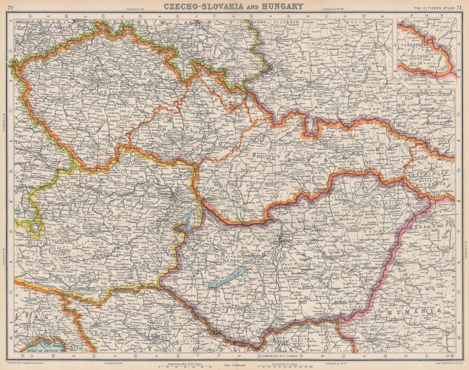 HUNGARY & CZECHOSLOVAKIA. includes Carpathian Ruthenia (ceded 1945)  1924 map